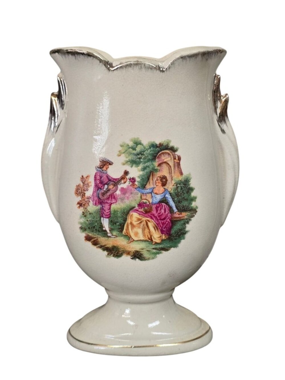 Vintage Japan Porcelain Vase Courting Couple Scene Gold Trim Scalloped Rim